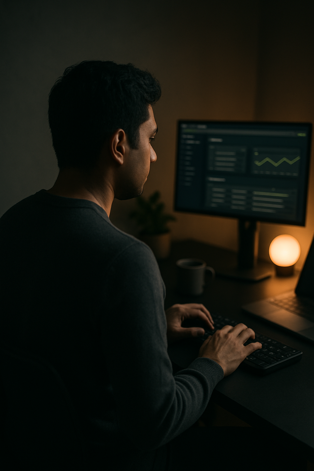 A developer working at a minimal matte black desk in a dark home studio, lit by soft monitor glow and a warm lamp, an external monitor showing a SaaS dashboard beside a laptop, plant and coffee mug