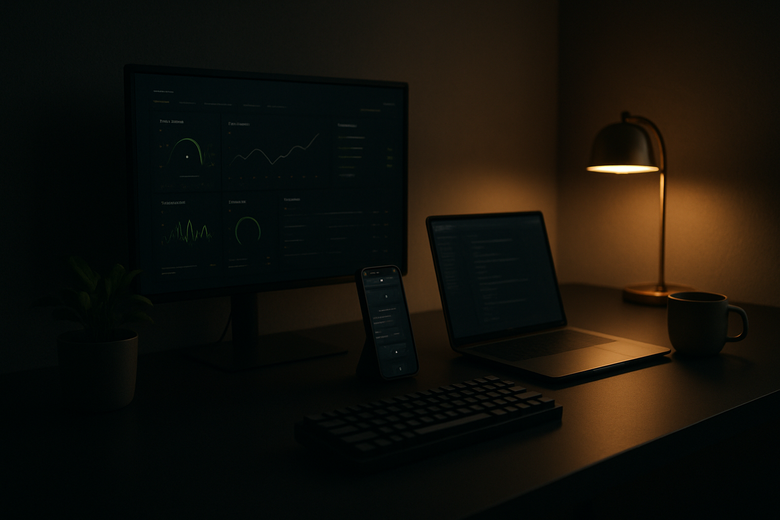 Wide editorial photo of a minimal home studio desk in low evening light: an external monitor showing a dark analytics dashboard with subtle lime accents, an open laptop, a phone displaying a mobile app, a mechanical keyboard, a small plant and a coffee mug on a matte black surface, lit by soft monitor glow and one warm lamp