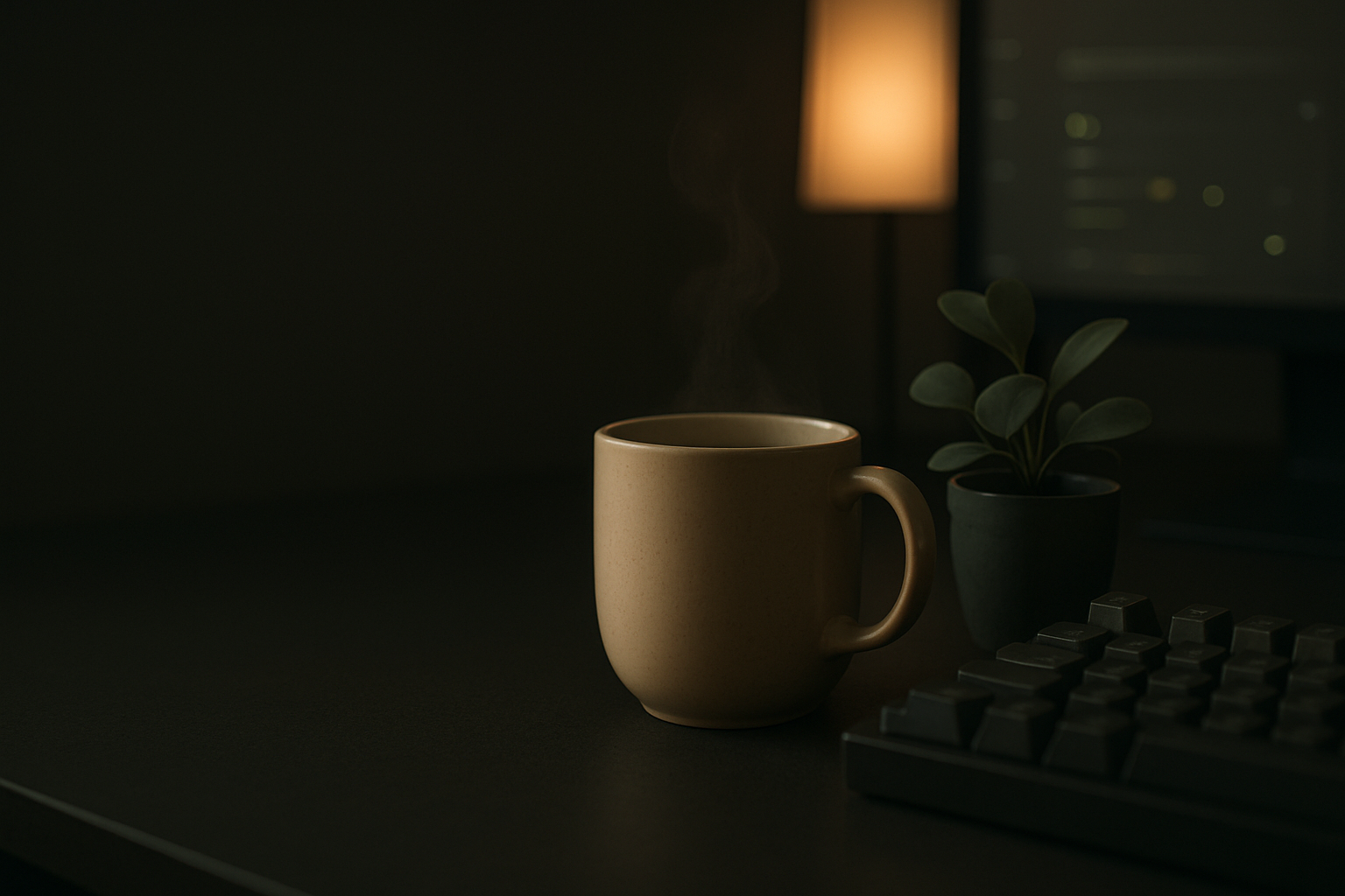 Close-up of a matte black desk corner in low evening light: a ceramic coffee mug beside a mechanical keyboard, a small plant and the soft glow of an out-of-focus monitor showing a dark dashboard with tiny lime accents