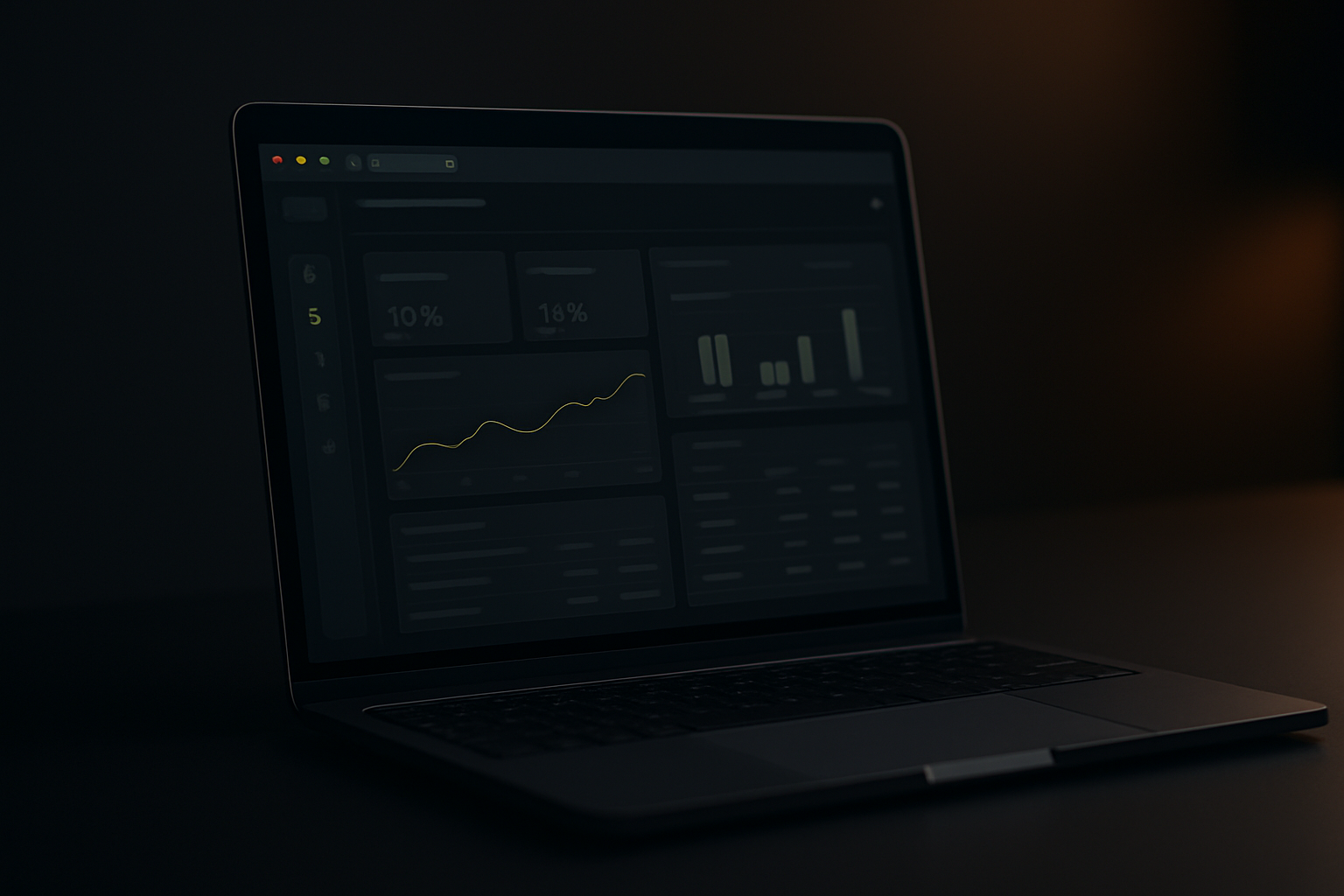 Rendered dark-mode web app dashboard in a browser frame showing charts, data tables and a sidebar with subtle lime accents