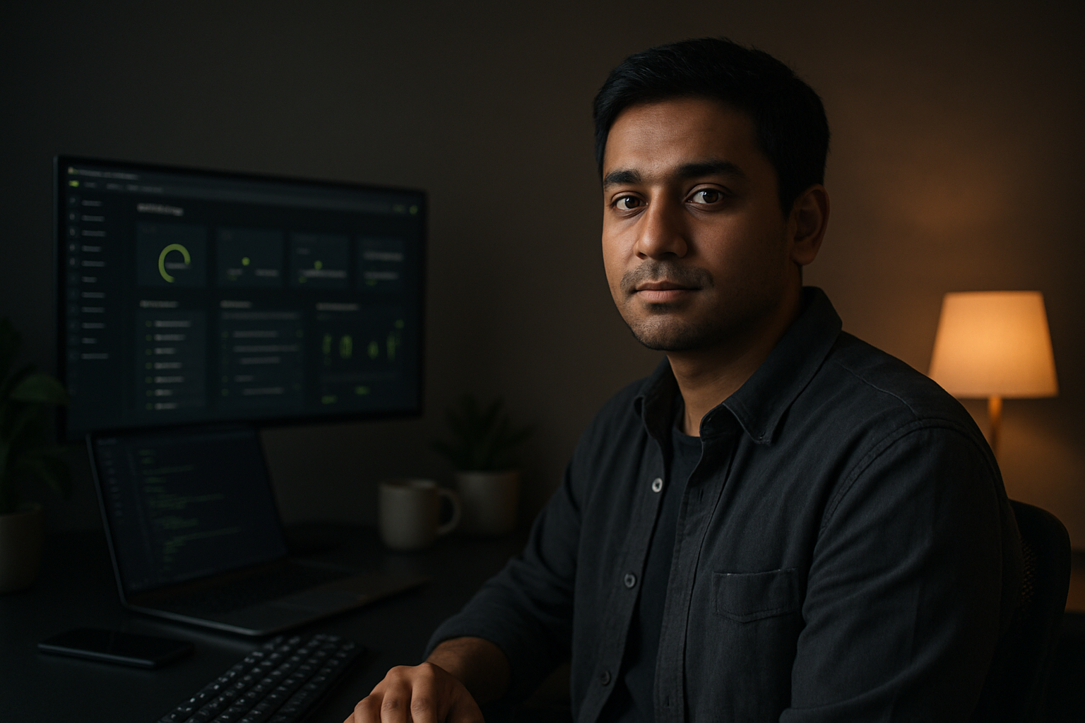 Portrait of the developer seated at a matte black home-studio desk in the evening, face lit by a soft monitor glow and a warm desk lamp, external monitor showing an app dashboard, laptop, phone, mechanical keyboard, plant and coffee mug softly blurred, shot on a 50mm lens with shallow depth of field
