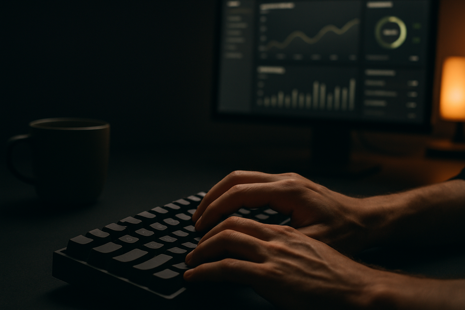 Close-up of a developer's hands typing on a mechanical keyboard on a matte black desk, beside an external monitor showing a dark SaaS analytics dashboard with subtle lime accents, lit by soft monitor glow and a warm desk lamp
