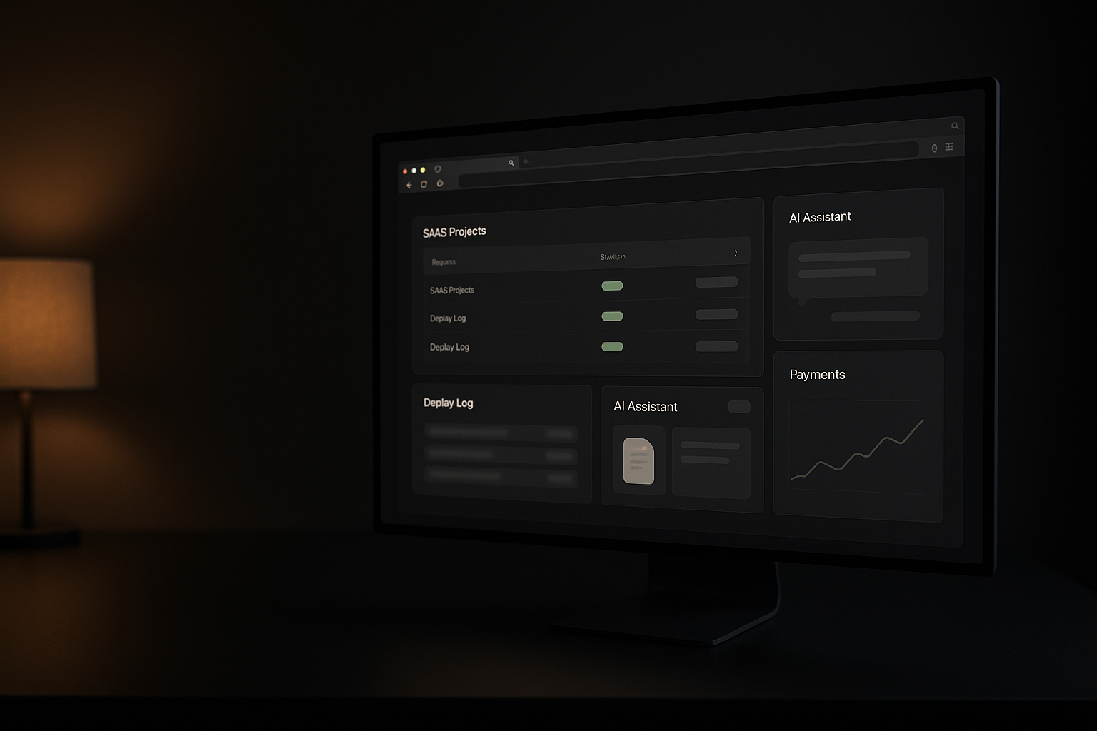 Browser-framed dark dashboard showing a list of shipped SaaS projects with green live status pills, a deploy log of recent successful builds, an AI assistant chat answering a question about an uploaded document, and a payments tile with a rising monthly revenue chart in graphite tones with lime accents