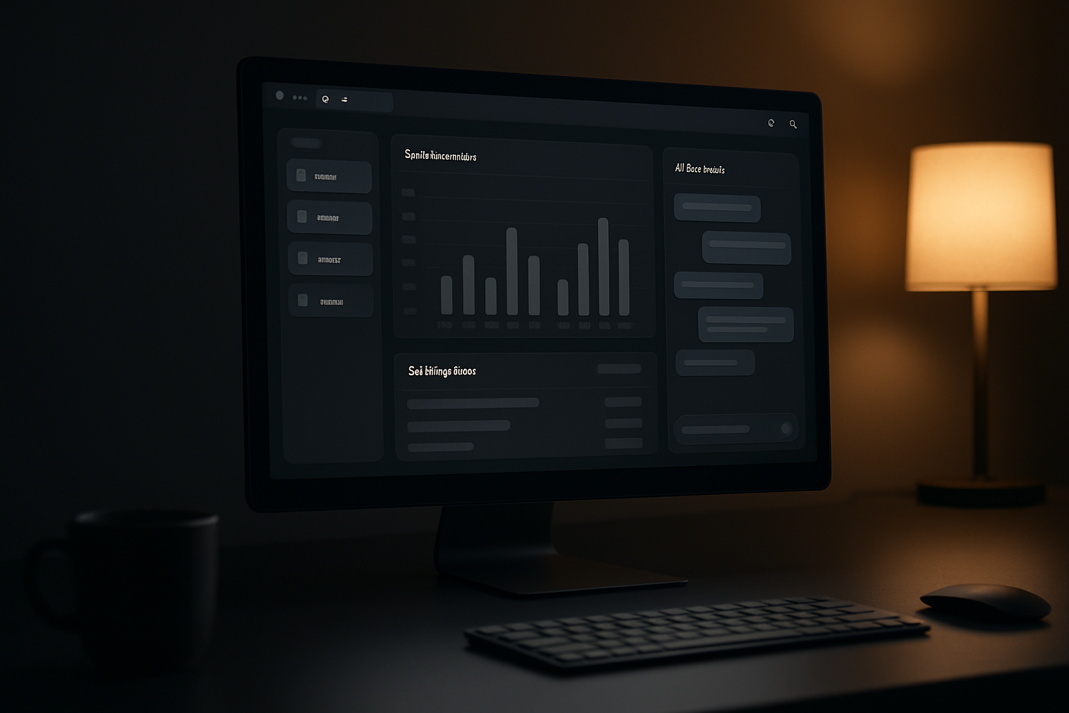 Rendered SaaS dashboard in a dark browser frame showing team workspaces, subscription billing charts and an AI assistant chat panel, graphite interface with small lime accents, set on a minimal desk lit by soft monitor glow